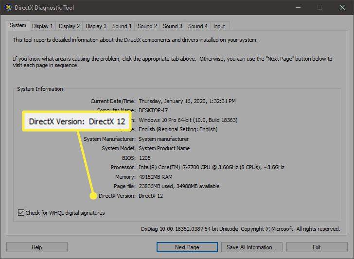 DirectX 12 versioon on Windows 10 DirectX-i diagnostikatööriistas esile tõstetud