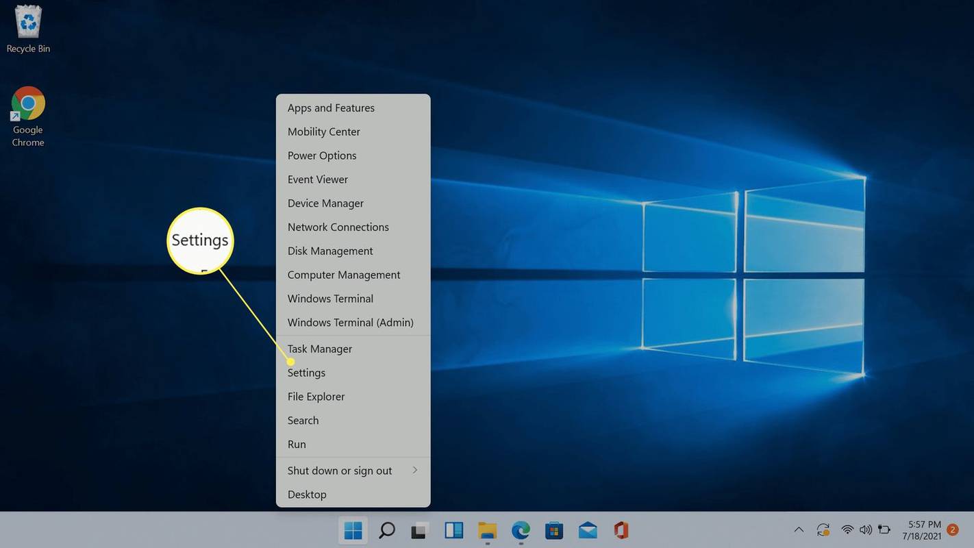 Paramètres mis en évidence dans le menu principal de Windows 11.