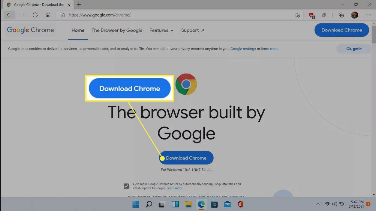 Stránka stahování Chrome se zvýrazněnou možností Stáhnout Chrome