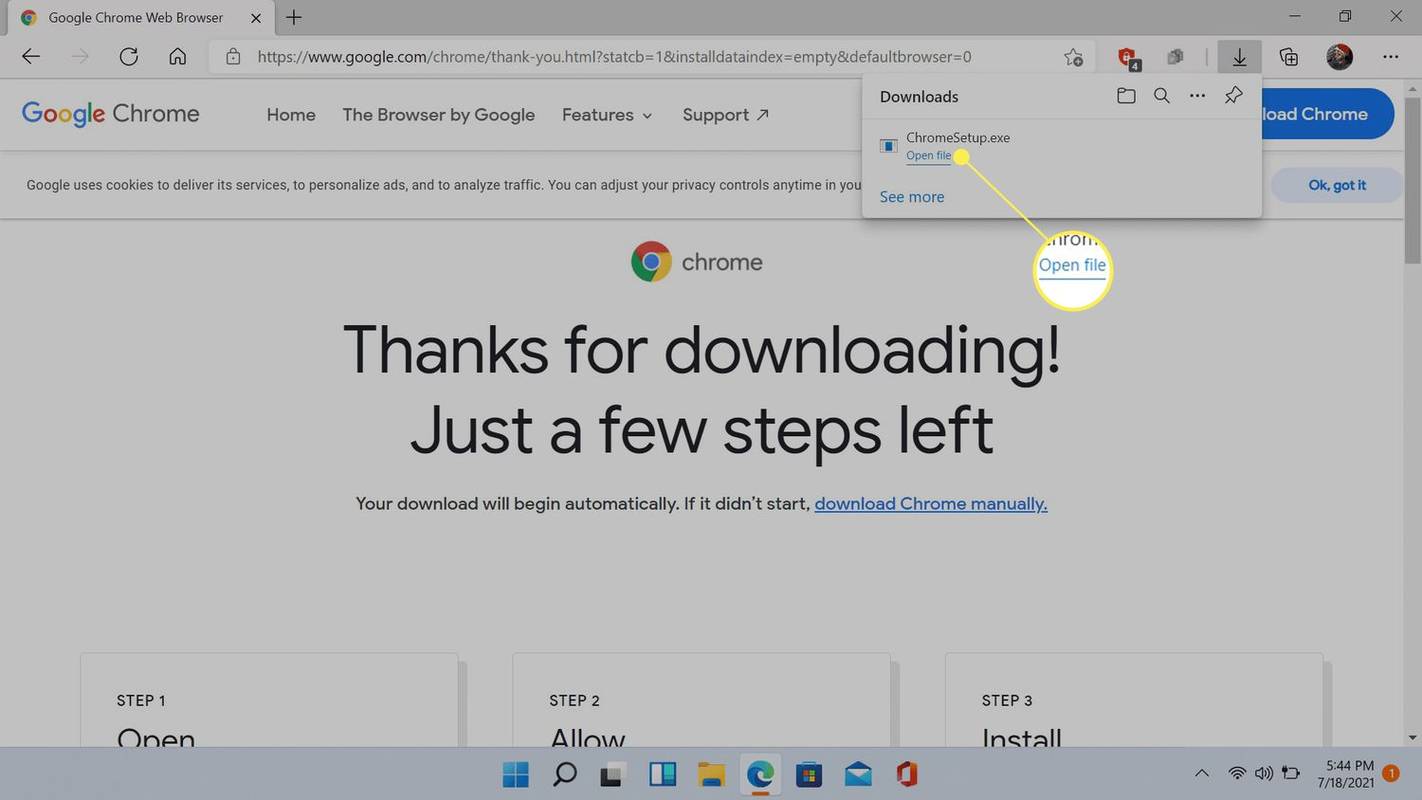 Avaa Windows 11:n Edgessä korostettu ChromeSetup.exe-tiedosto.