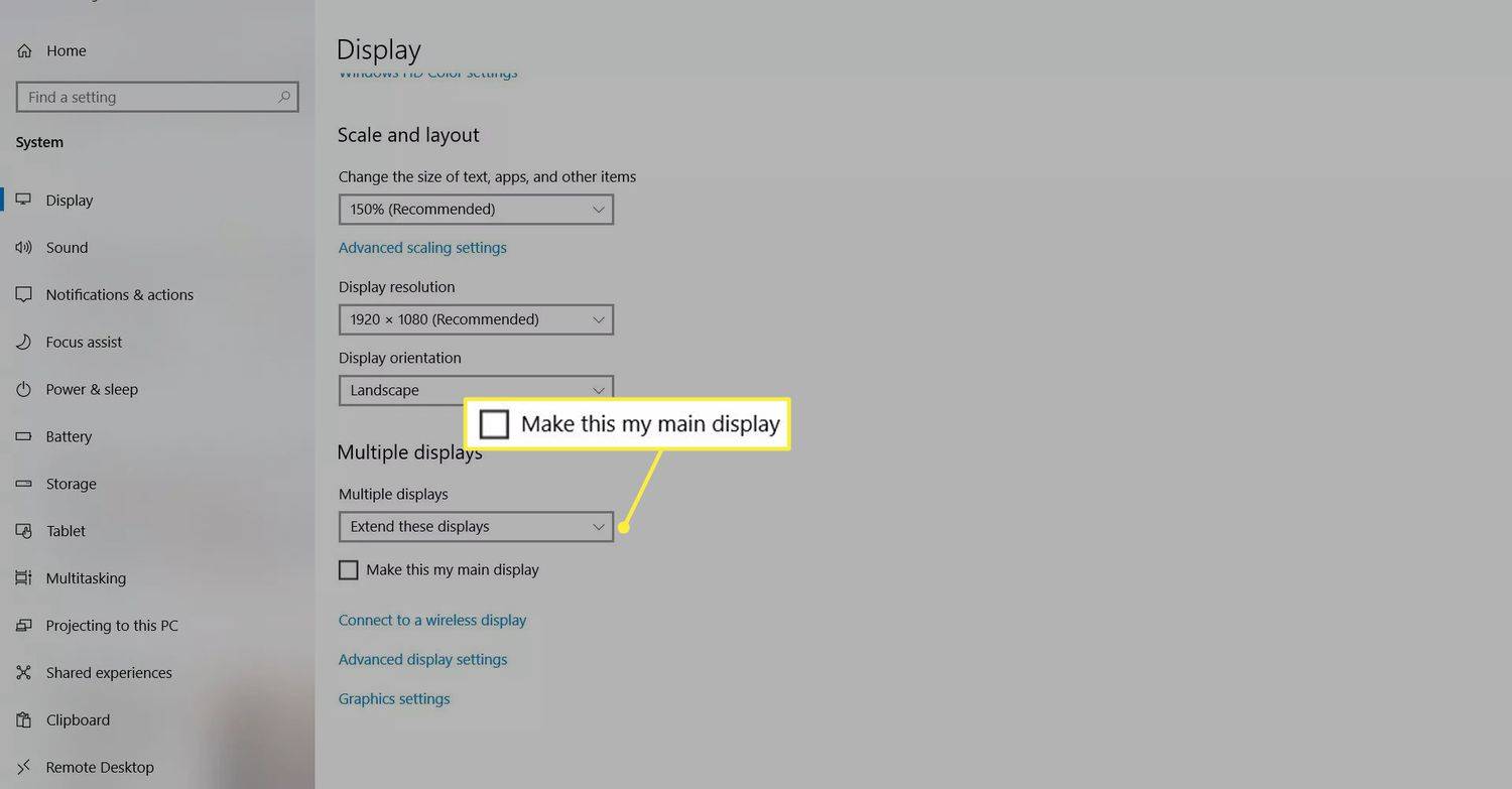 Windows 10 டிஸ்ப்ளே அமைப்புகளில் இதை எனது முக்கிய காட்சியாக மாற்றவும்