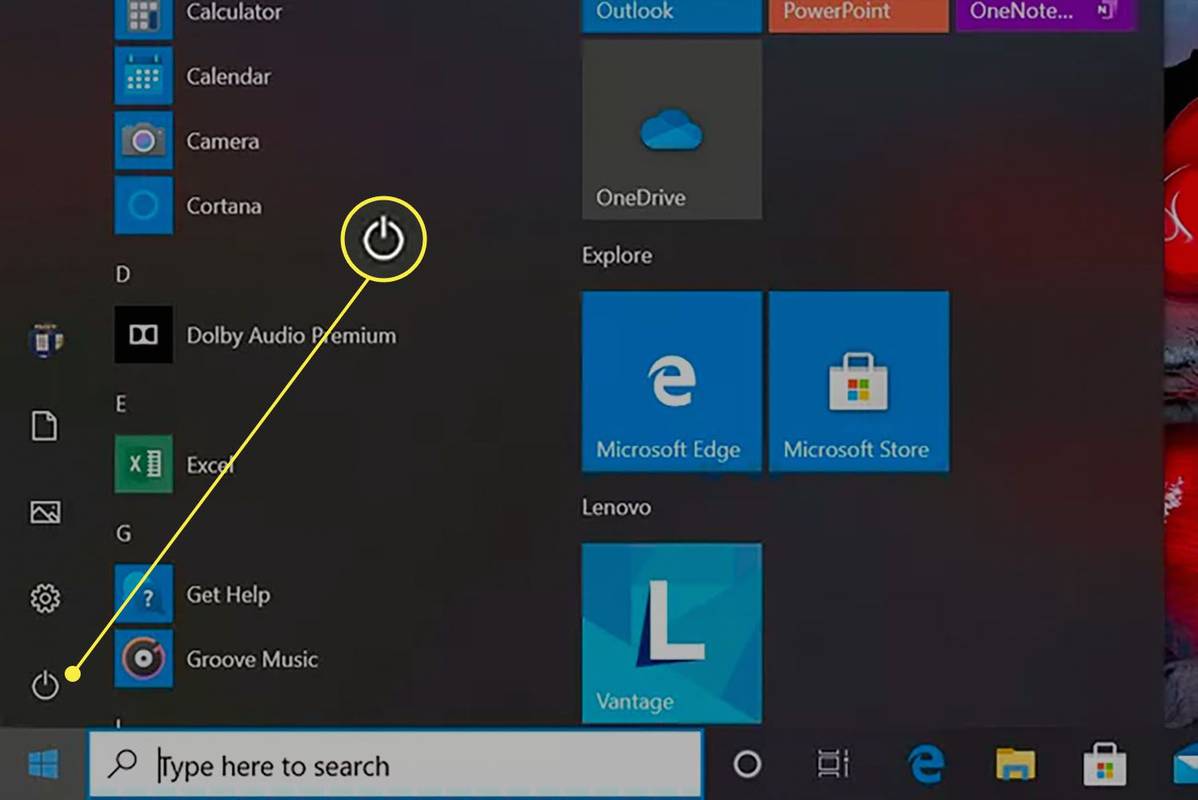 Windows Start-menyen med av/på-knappen synlig.