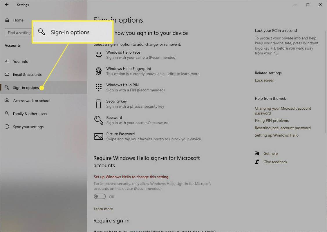 Windows 10 con las opciones de inicio de sesión resaltadas