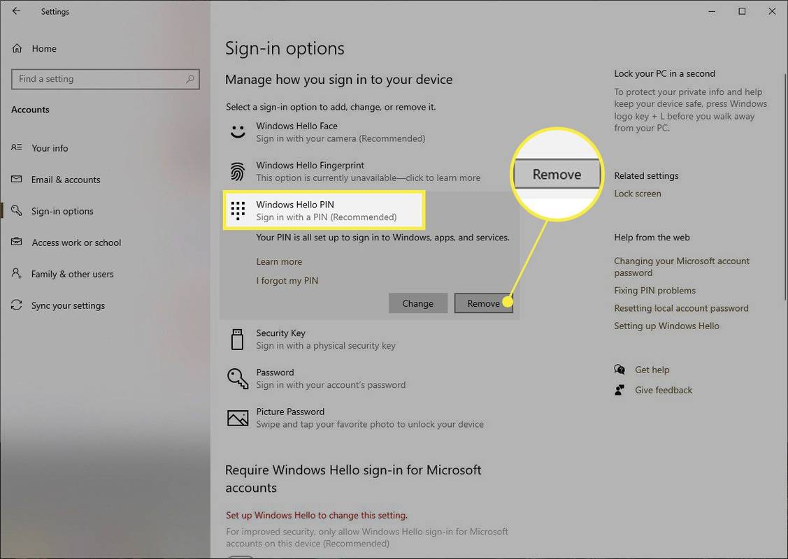 Ustawienia Windows Hello Pin z podświetloną opcją Usuń