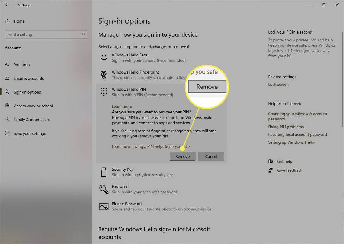 Potvrdenie odstránenia kódu PIN v systéme Windows 10 so zvýraznenou možnosťou Odstrániť