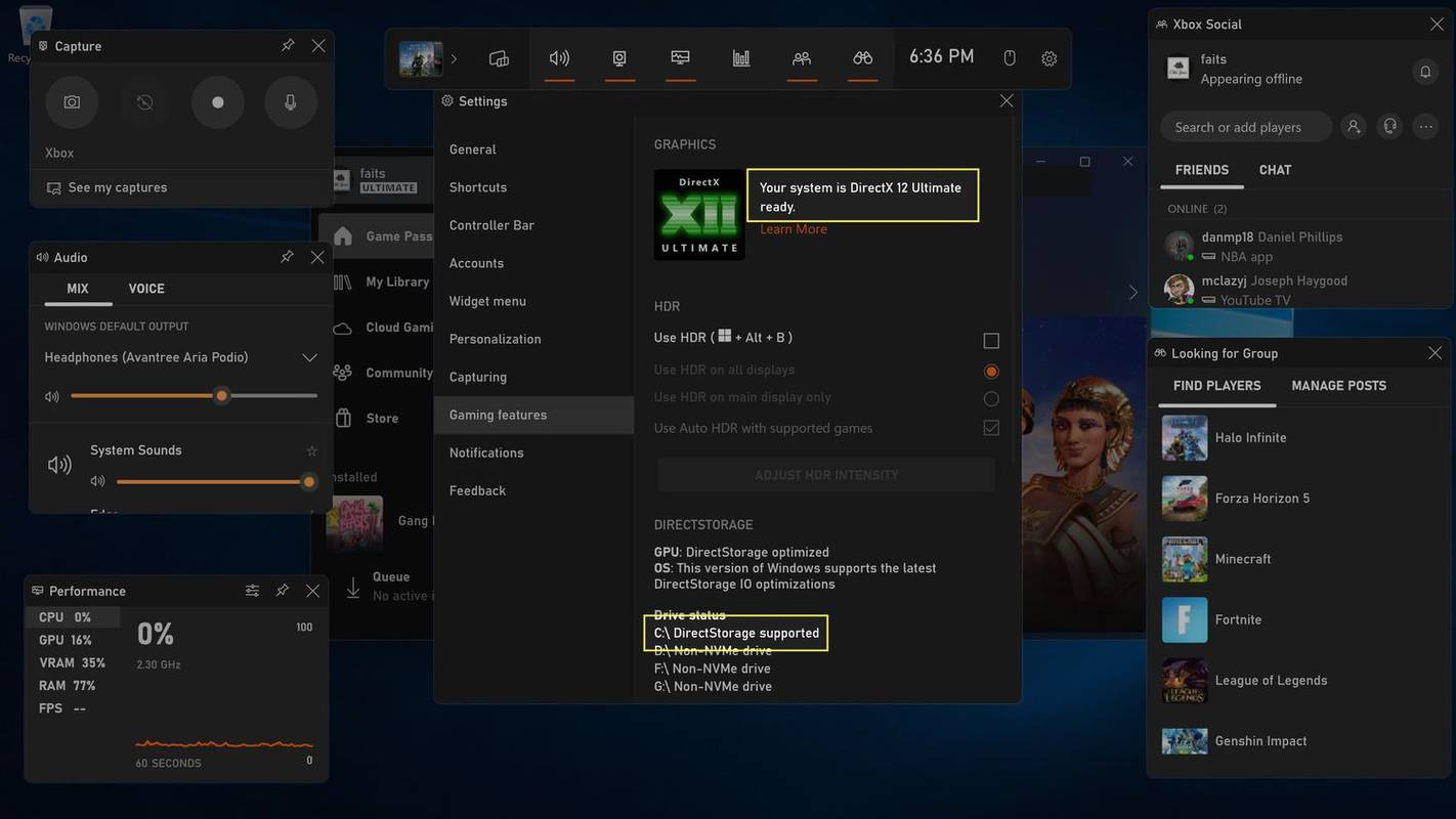 Hệ thống của bạn đã sẵn sàng cho DirectX 12 Ultimate và hỗ trợ DirectStorage được nêu bật trong các tính năng chơi trò chơi trên thanh trò chơi của Windows.
