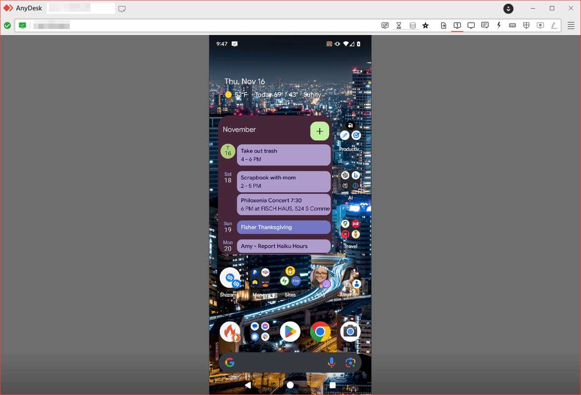 Android-puhelin, joka näkyy Windows-tietokoneessa AnyDeskin avulla