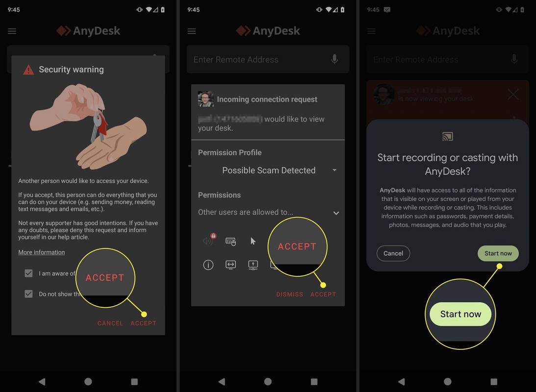 Hyväksy, Hyväksy ja Aloita nyt -painikkeet korostettuna AnyDesk for Android -sovelluksessa.