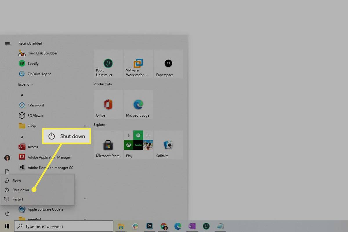 Optie Afsluiten in het Startmenu van Windows 10.