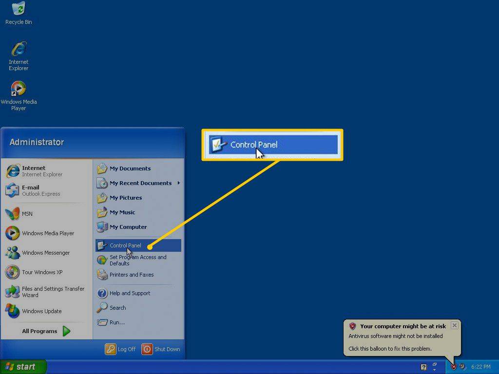 Vadības panelis Windows XP izvēlnē Sākt