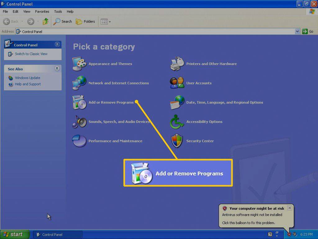 Agregar o quitar programas en el Panel de control de Windows XP