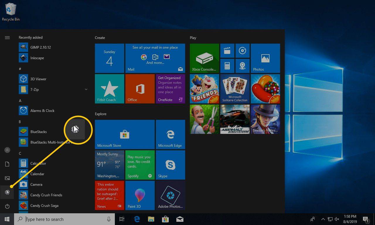 Ícone de engrenagem no menu Iniciar do Windows