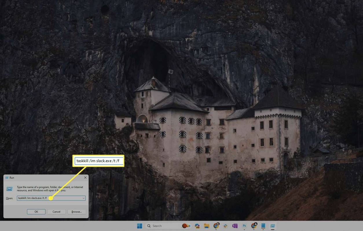 polecenie taskkill podświetlone w oknie dialogowym Uruchom w systemie Windows 11.