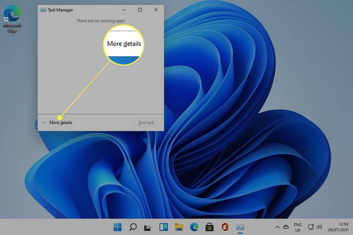 Windows 11 -työpöytä, Tehtävienhallinta käynnissä ja Lisätiedot korostettuina