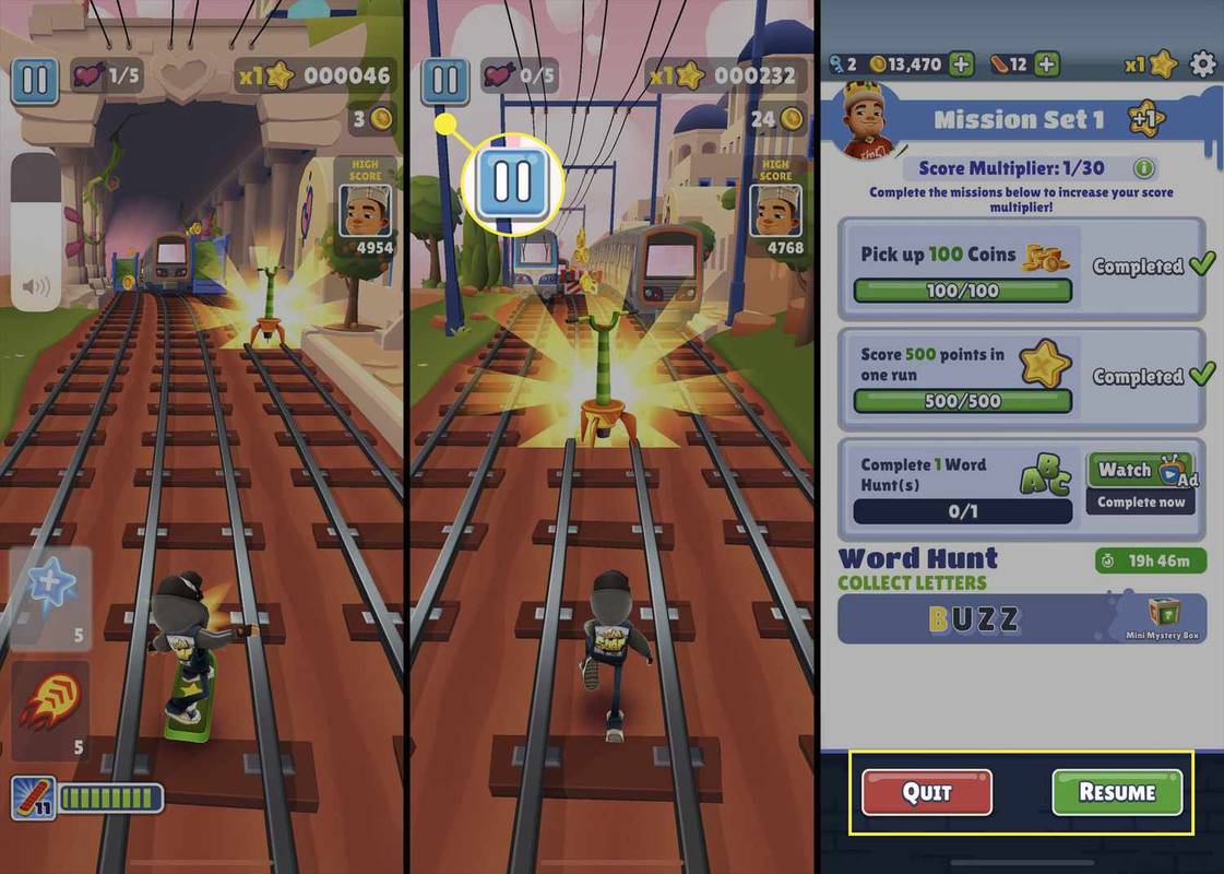 Butonul de pauză și butoanele Ieșire/Reluare sunt evidențiate în jocul Subway Surfers.