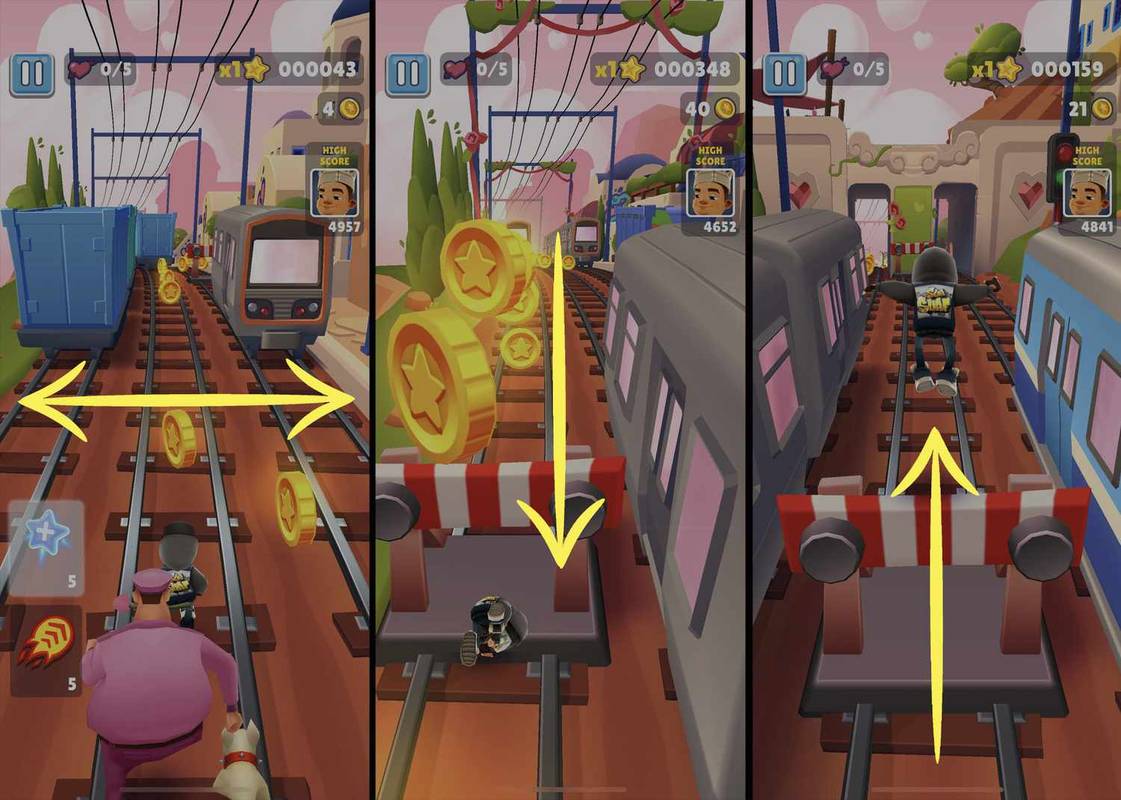 Bultiņas, kas pārklātas ar spēli Subway Surfers, lai norādītu, kā darbojas vadības žesti.