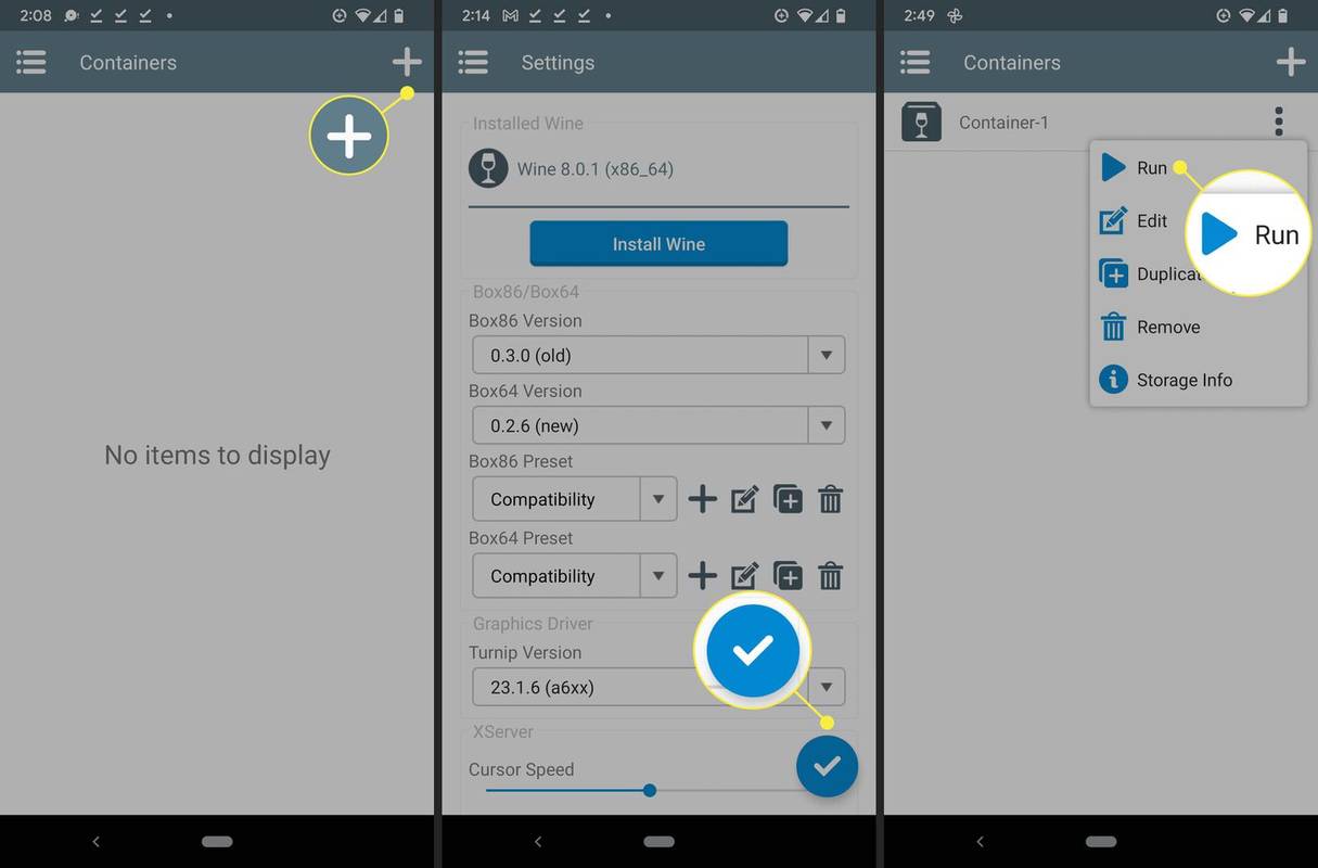 Úprava nastavení a příkaz Spustit zvýrazněný ve Winlatoru na telefonu Android.