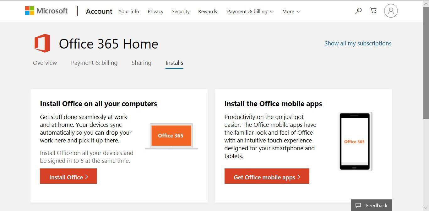 Office 365 Home -tilisivu, joka näyttää linkit Office 365:n asentamiseen