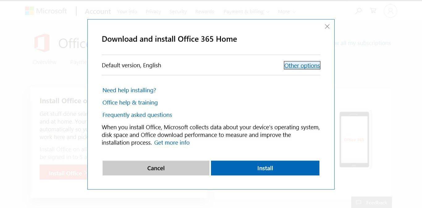 Jendela pop-up Unduh dan instal Office 365 Home