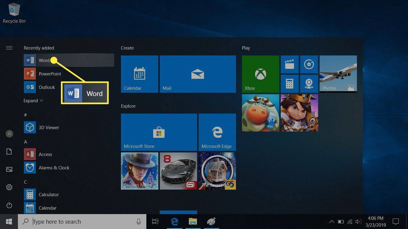 La icona de Word a Windows 10