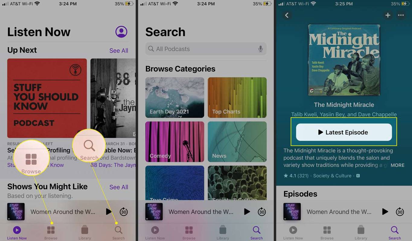 Aplikacja Apple Podcast na iOS z podświetlonymi opcjami przeglądania, wyszukiwania i najnowszego odcinka