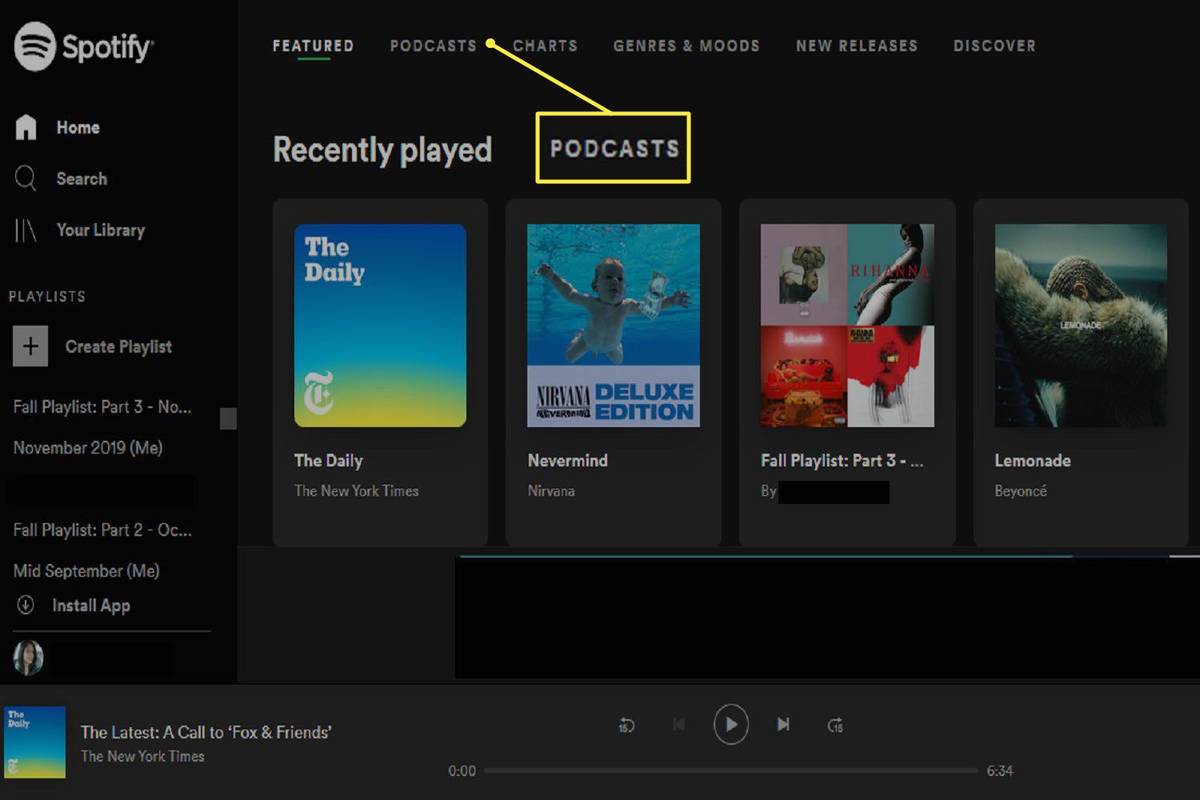 hoveddashbordet til Spotify Web Player når du er logget på.