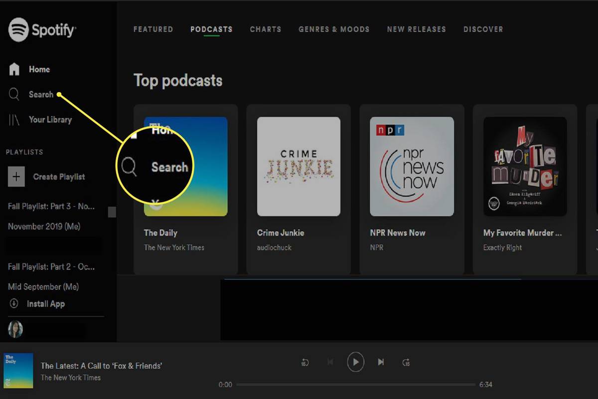 Stránka Podcasty na webovom prehrávači Spotify a tlačidlo Hľadať.
