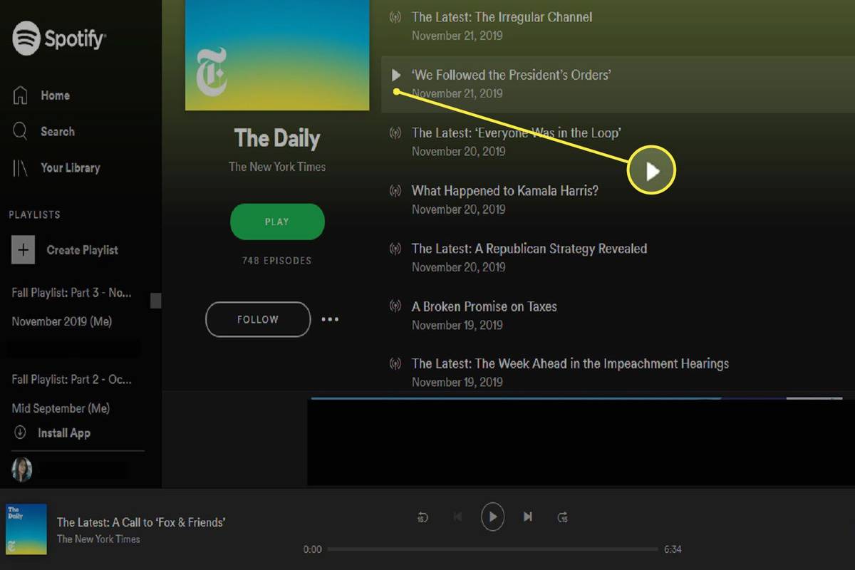 hvordan spille av en bestemt podcast-episode på Spotify Web Player.