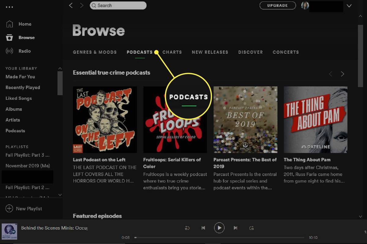 Stránka Podcasty v okne Prehľadávať v Spotify pre Windows.