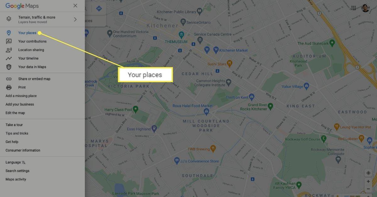 Menu Vos lieux dans Google Maps.