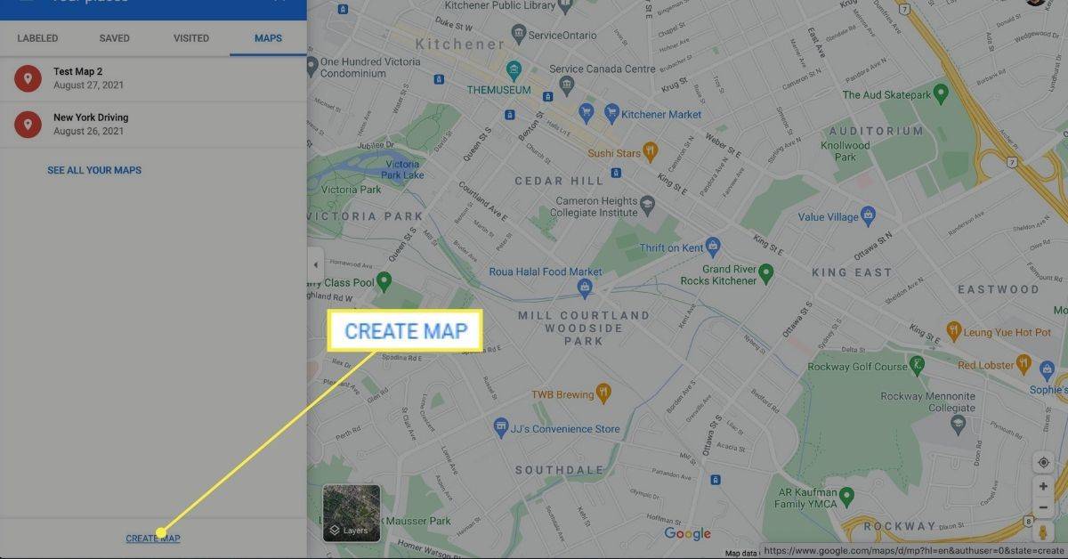 Paglikha ng mapa mula sa menu ng Iyong Mga Lugar sa Google Maps.