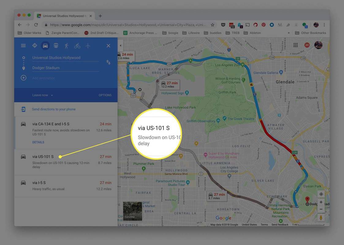 Antarmuka rute alternatif di Google Maps di Chrome untuk macOS.