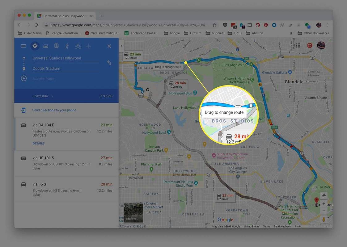Przeciągnij, aby zmienić wyskakującą notatkę dotyczącą trasy w Mapach Google w przeglądarce MacOS Chrome
