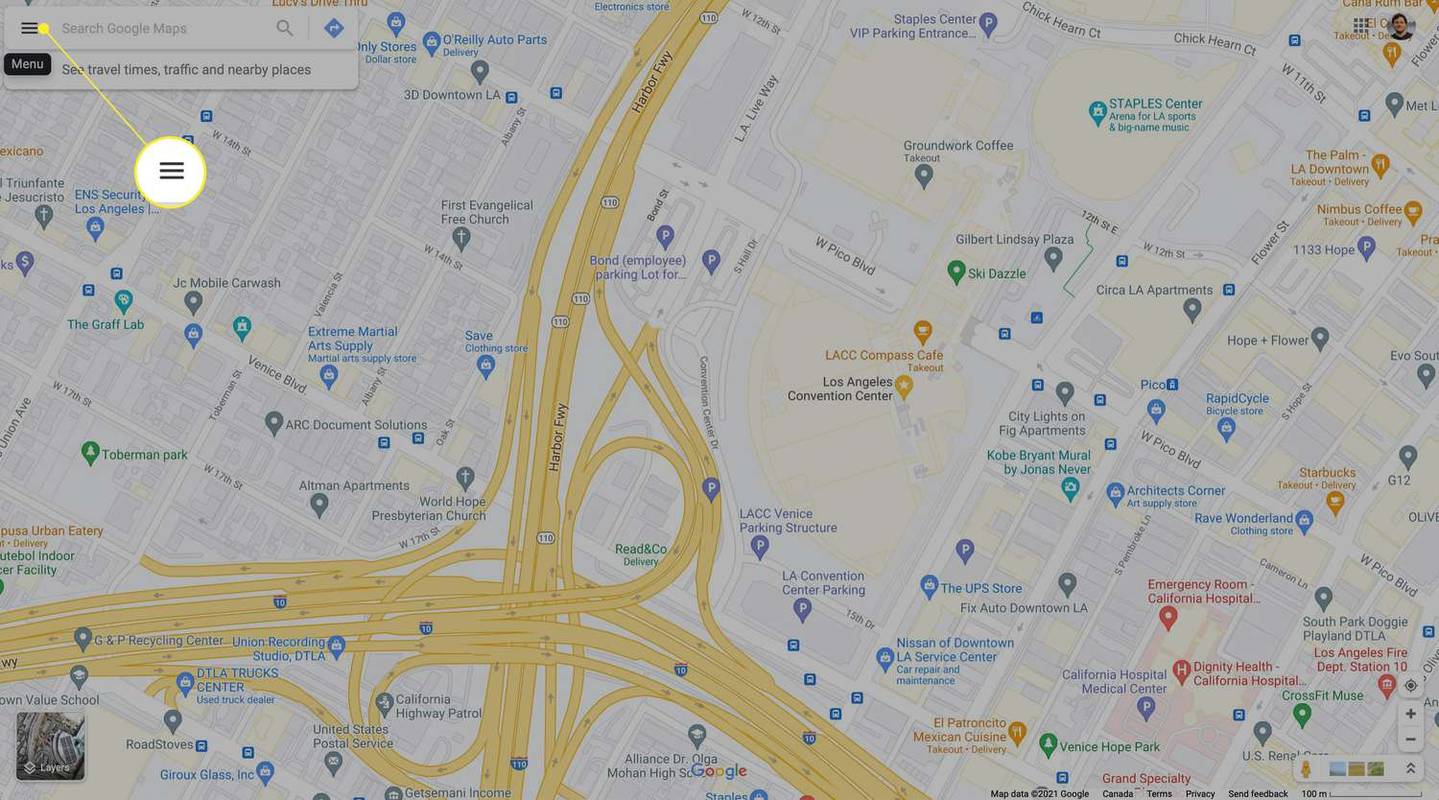 การเข้าถึงเมนู Google Maps บนเดสก์ท็อปโดยไฮไลต์ไอคอนเมนู