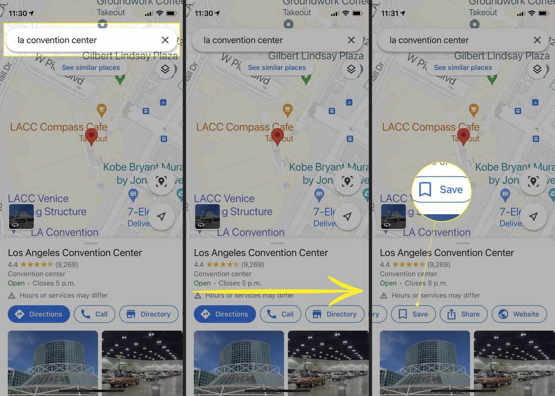 Google Maps di iPhone dengan kotak pencarian lokasi disorot, panah menunjukkan geser ke kanan, dan Simpan disorot