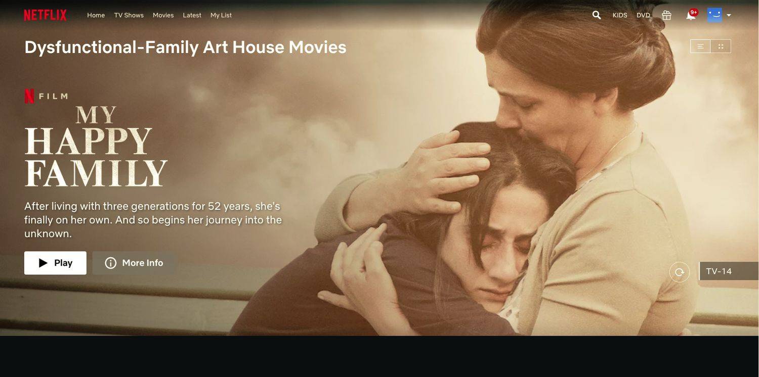 Filmas „Mano laiminga šeima“ paslėptoje „Netflix“ kategorijoje Disfunkciniai šeimos meno namų filmai
