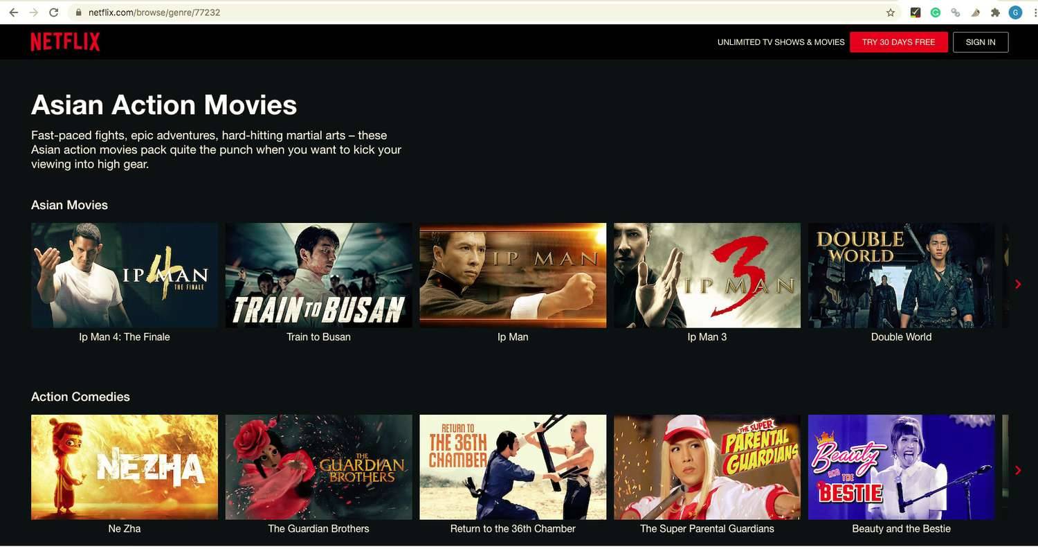 Obrazovka Netflix zobrazující asijské akční filmy po zadání tajného kódu 77732
