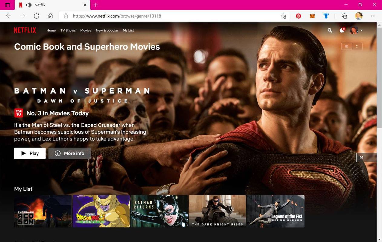 Catégorie Bandes dessinées et films de super-héros sur le site Web de Netflix.