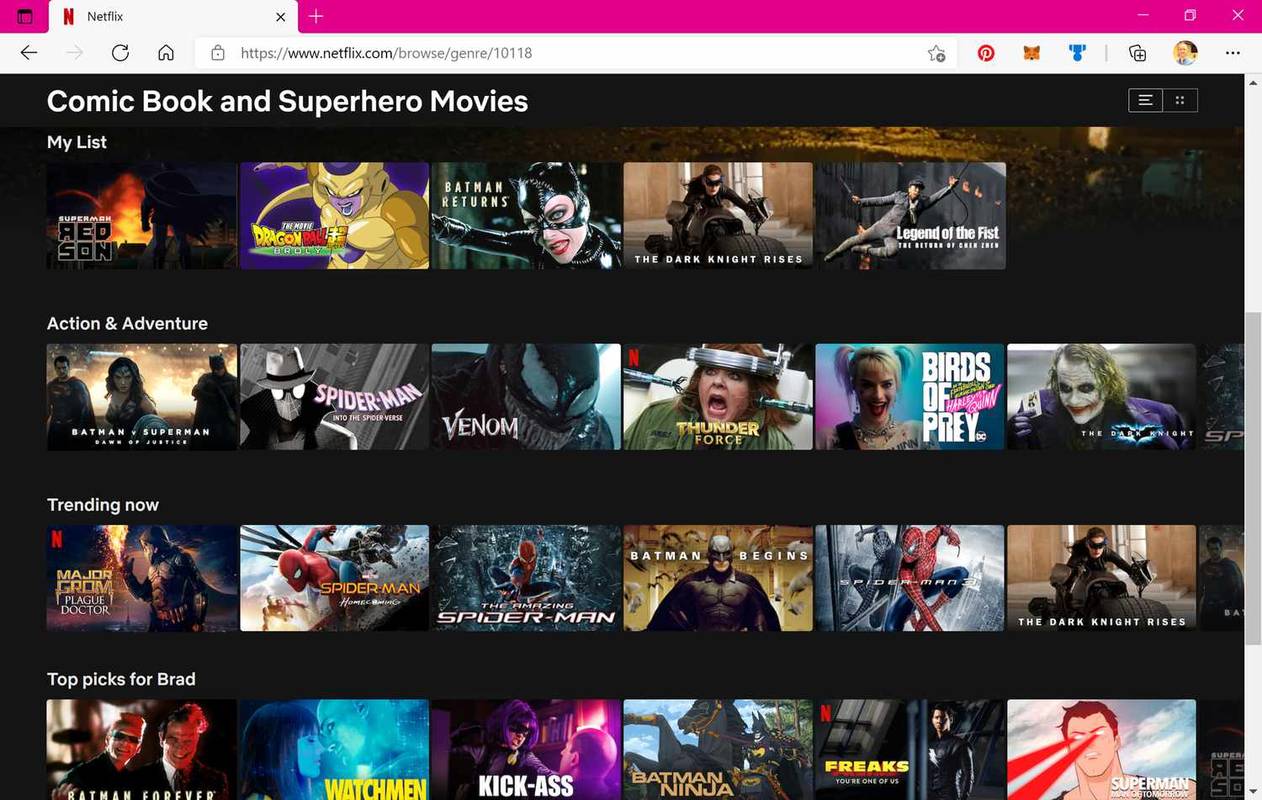 Kategorie komiksů a filmů o superhrdinech na webu Netflix.