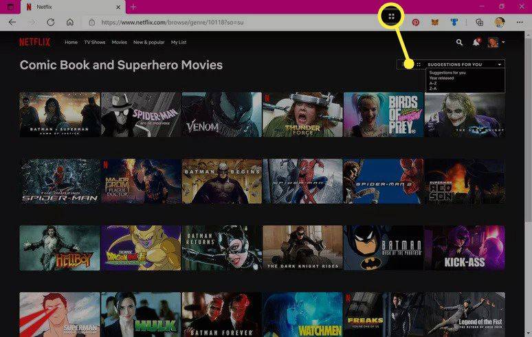 Grid-ikonet på Netflix med sorteringsalternativer