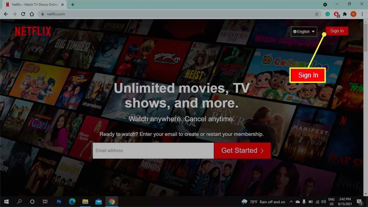 Tlačidlo Prihlásiť sa na prihlasovacej stránke Netflix