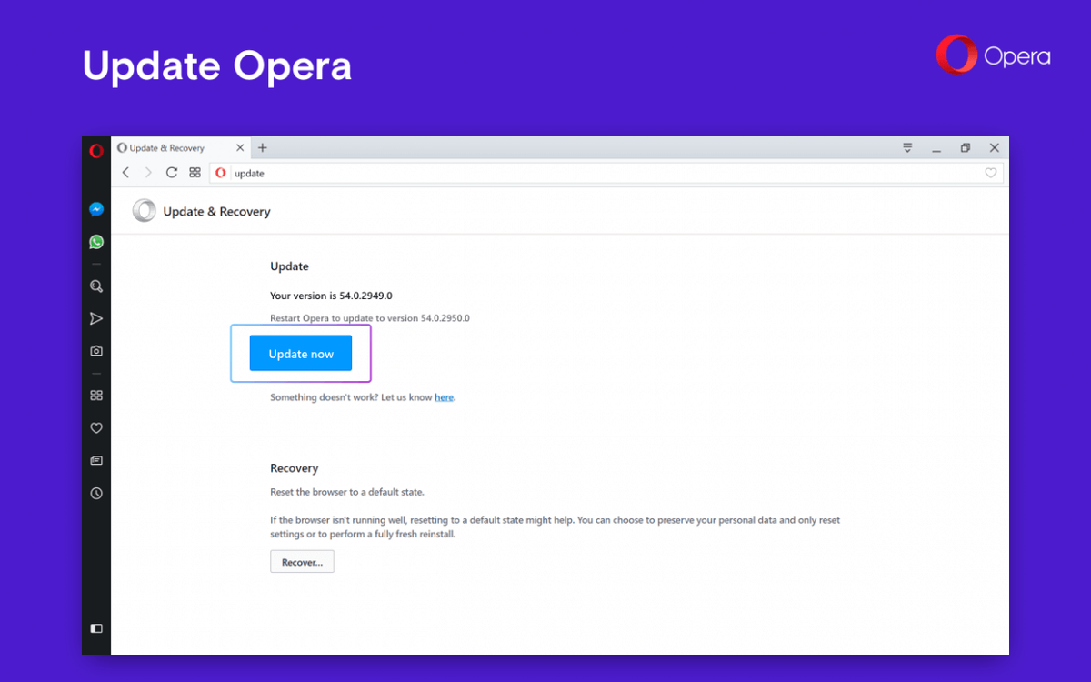 Sekcja aktualizacji Opera 54