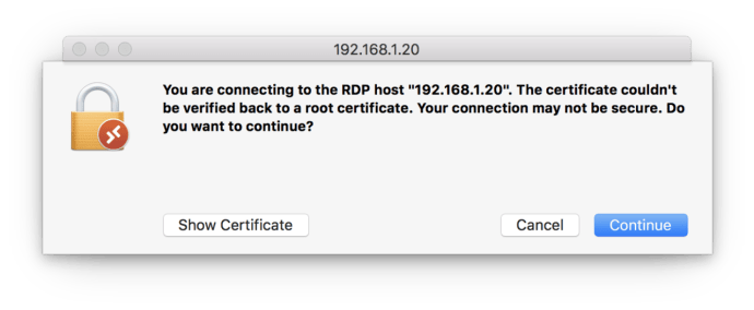 Microsoft-fjärrskrivbord Mac-certifikatvarning