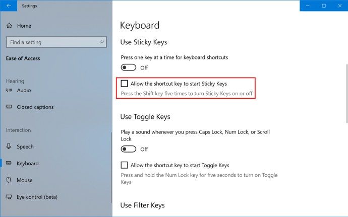 poista käytöstä tahmeat avaimet Windows 10