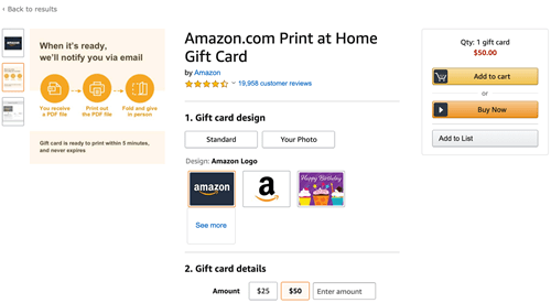 „Amazon“ spausdinimo namuose dovanų kortelė