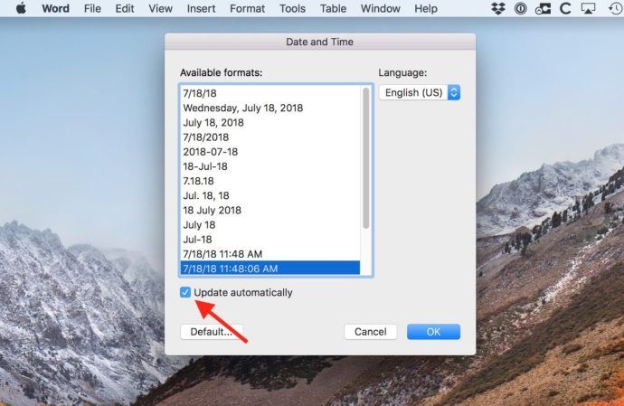 automatycznie aktualizuje datę i godzinę word for mac
