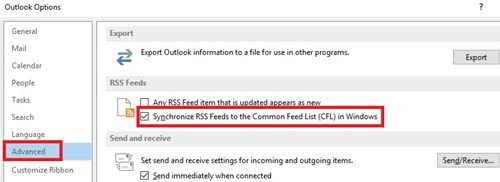 Synkronisera RSS-flöden till Common Feed List (CFL) i Windows