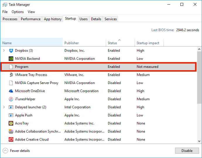 programul necunoscut pentru Windows task manager