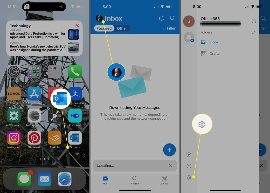 Outlook lietojumprogramma, profila ikona un iestatījumu zobrats programmā Outlook 365 iPhone tālrunī
