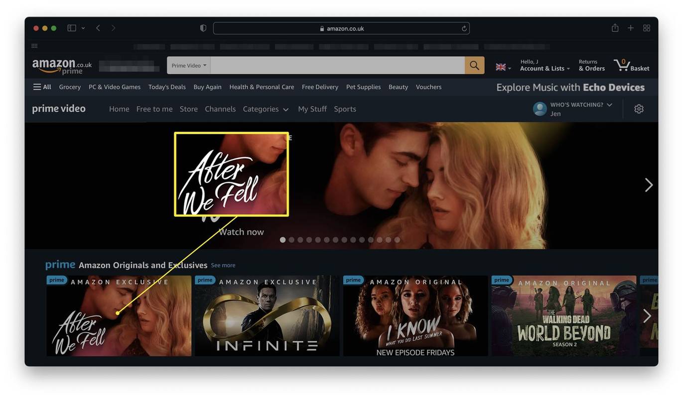 Web Amazon Prime Video se zvýrazněným filmem